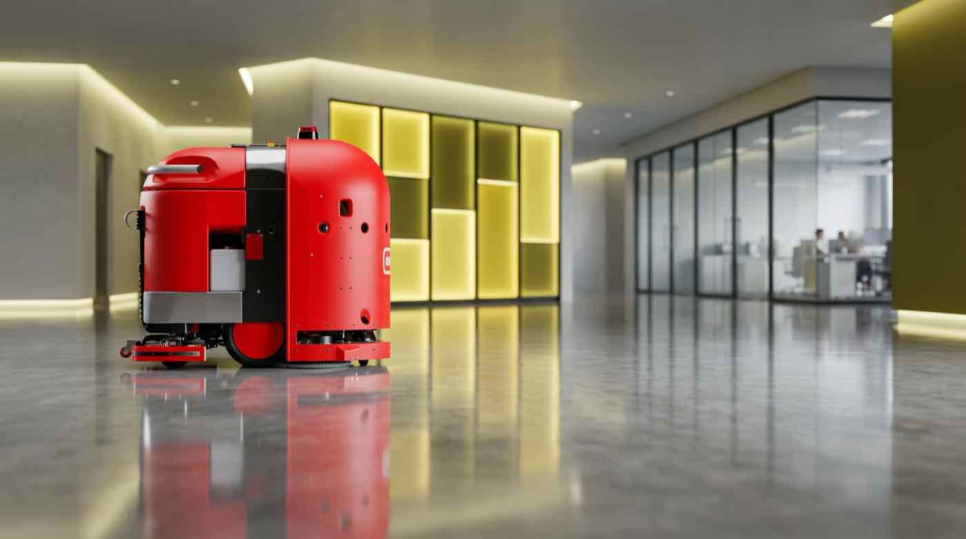 Autonomiczny robot sprzątający Pintura pracujący w nowoczesnym lobby biurowym