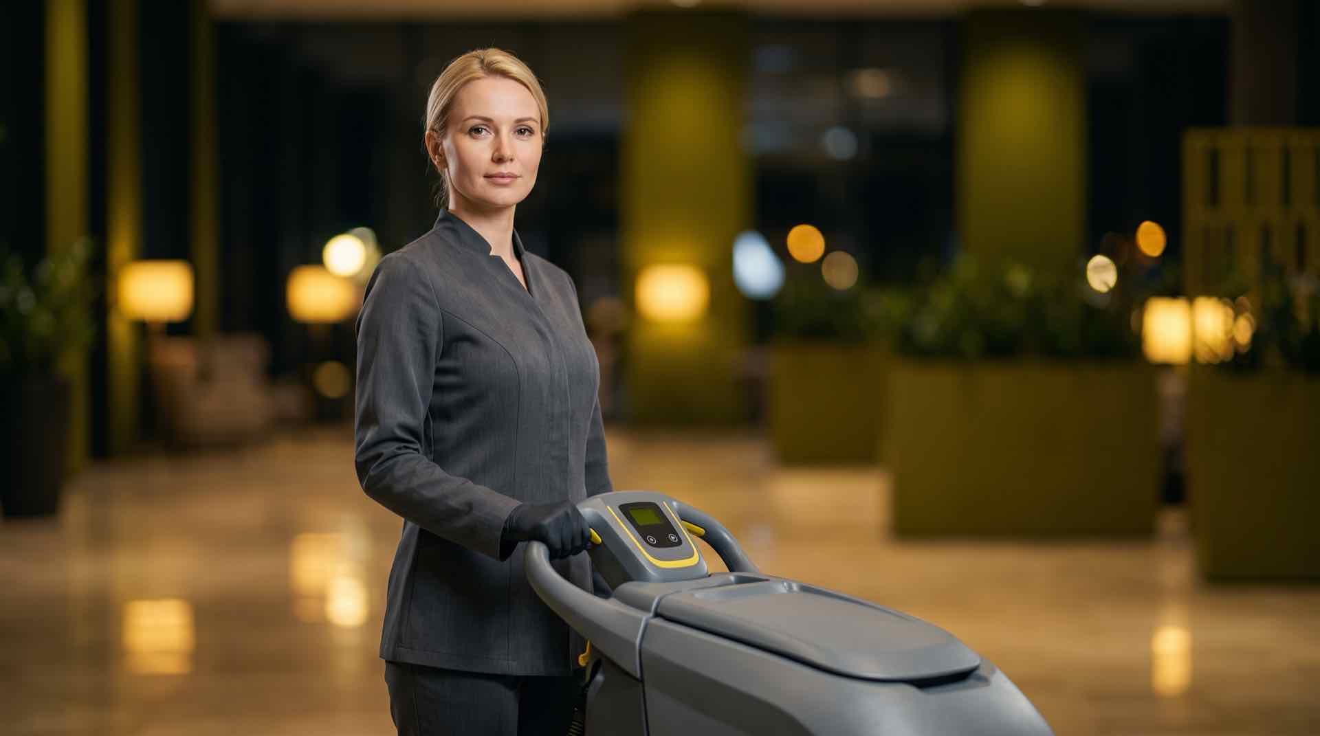 Pracownica PINTURA z automatem szorującym w eleganckim lobby hotelowym