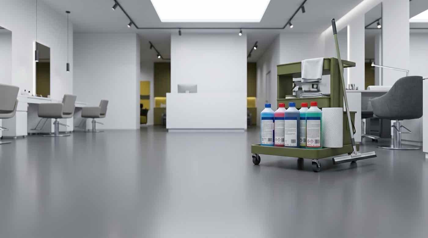 Wózek serwisowy PINTURA z profesjonalną chemią czyszczącą w nowoczesnym salonie usługowym